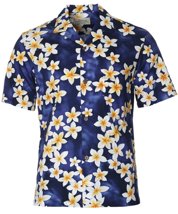 Men Aloha Shirt Tropical Island Plumeria Blue