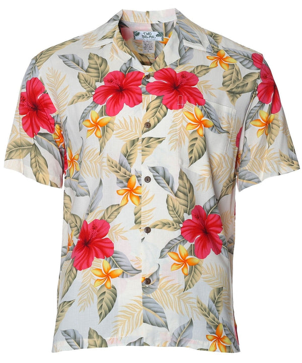 Men Hawaiian Shirt Ula Ula Hibiscus Cream Two Palms