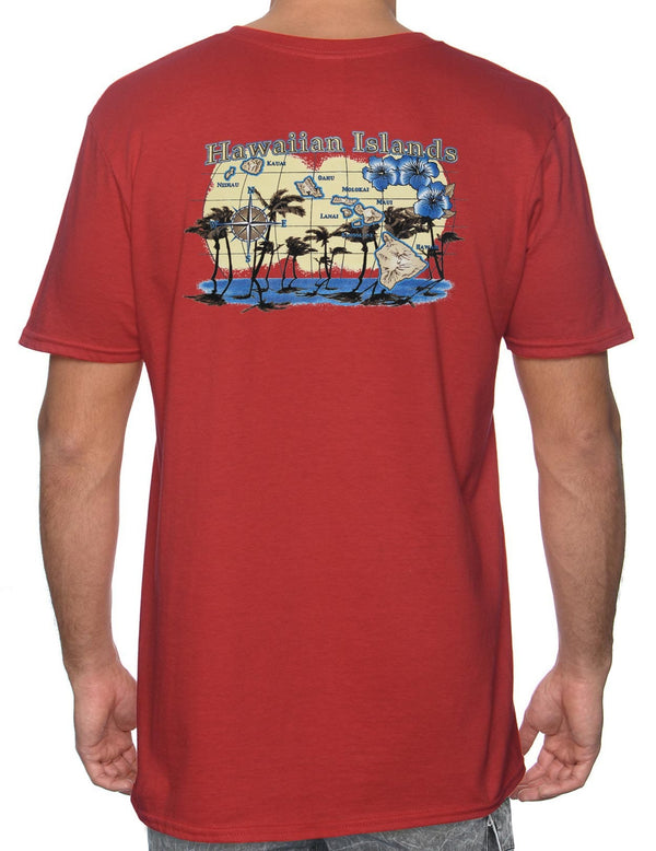 Hawaiian Islands Map Cool T-Shirt Design Red Shaka Time Hawaii