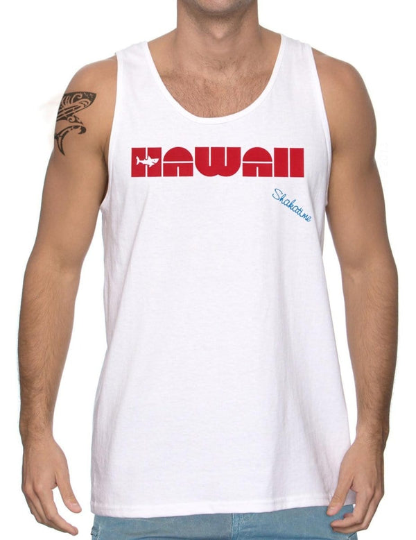 Men Tank Top Tee Hawaii Shark Border White