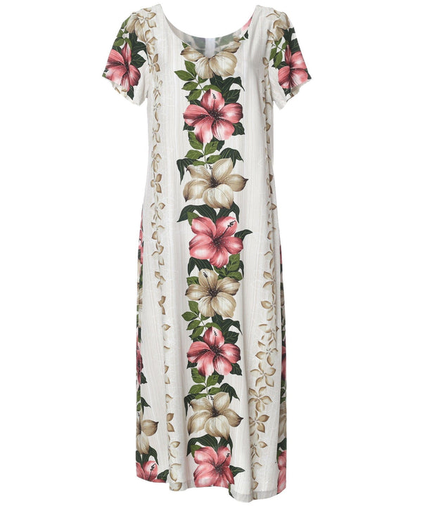 Hanalei Panel Traditional Relaxed Fit Hawaiian Dress Cap Sleeves Beige