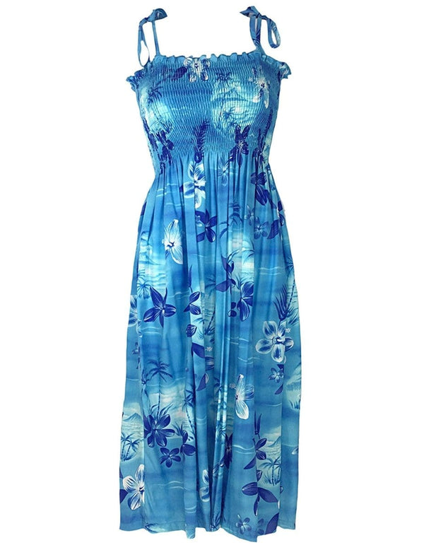 Midi Hawaiian Dress Smock Elastic Top Moonlight Scenic Blue Fits XS to XL (2-16)