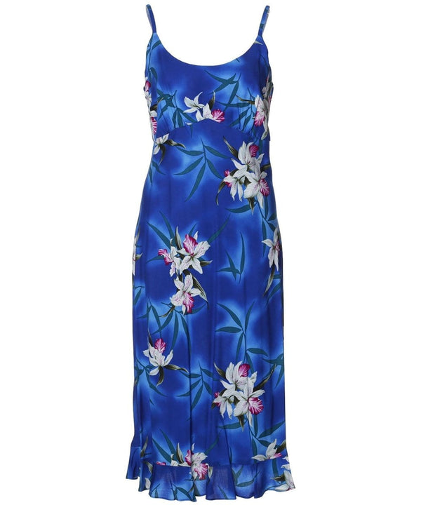 Midi Hawaiian Slip Dress Midnight Orchid with Spaghetti Straps Blue
