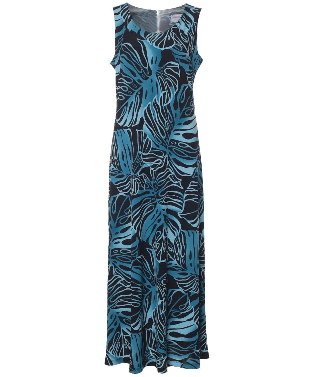 Monstera Ink Long Maxi Knit Hawaiian Dress Aqua / S Monstera Ink Long Maxi Knit Hawaiian Dress Aqua / S