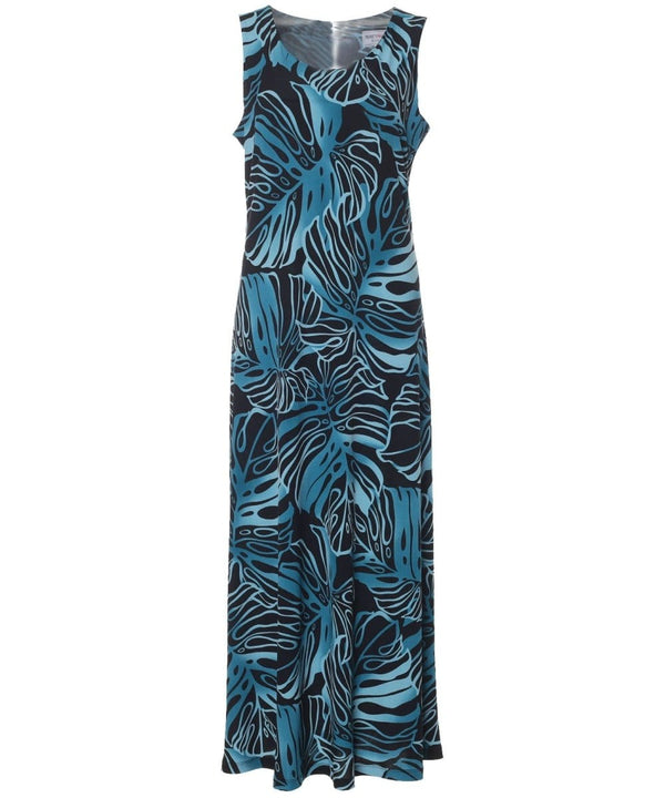 Monstera Ink Long Maxi Knit Hawaiian Dress Aqua