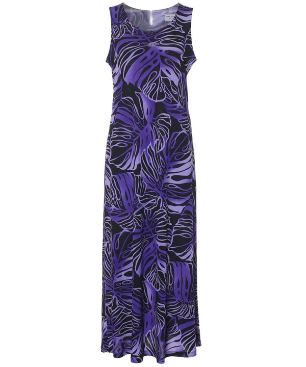 Monstera Ink Long Maxi Knit Hawaiian Dress Purple
