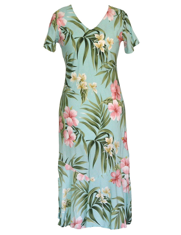 Nalani Long Rayon Hawaiian Dress Maxi V-Neck Tea Length Aqua