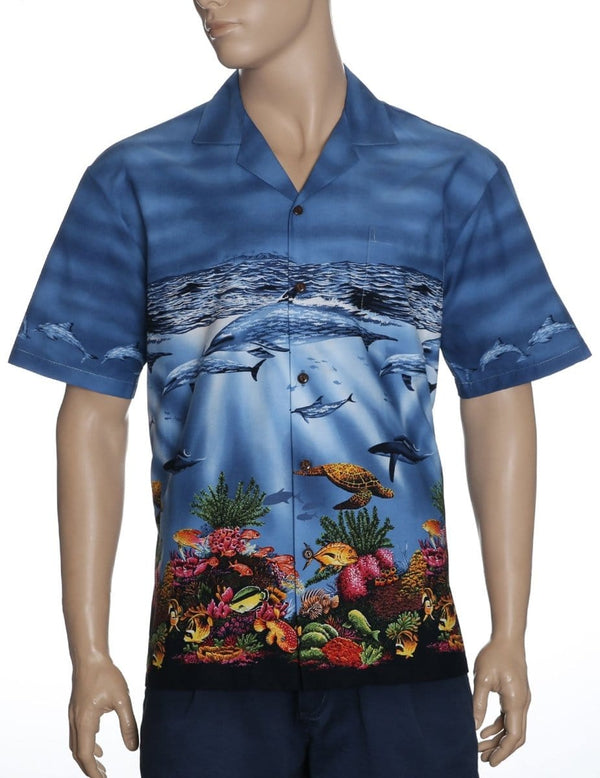 Ocean Dolphins Adventures Hawaiian Border Shirt Blue