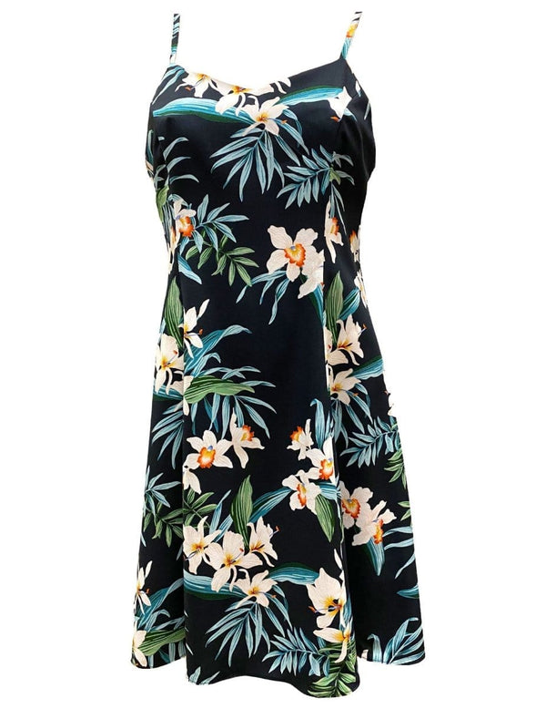 Orchid Ginger Short Hawaiian Dress with Spaghetti Straps Black