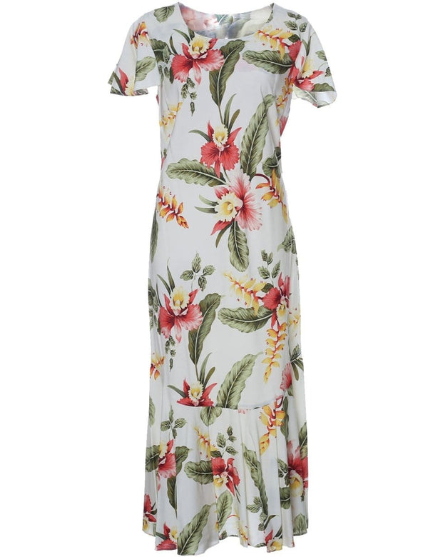 Orchid Pua Maxi Hawaiian Dress Cap Sleeves Beige