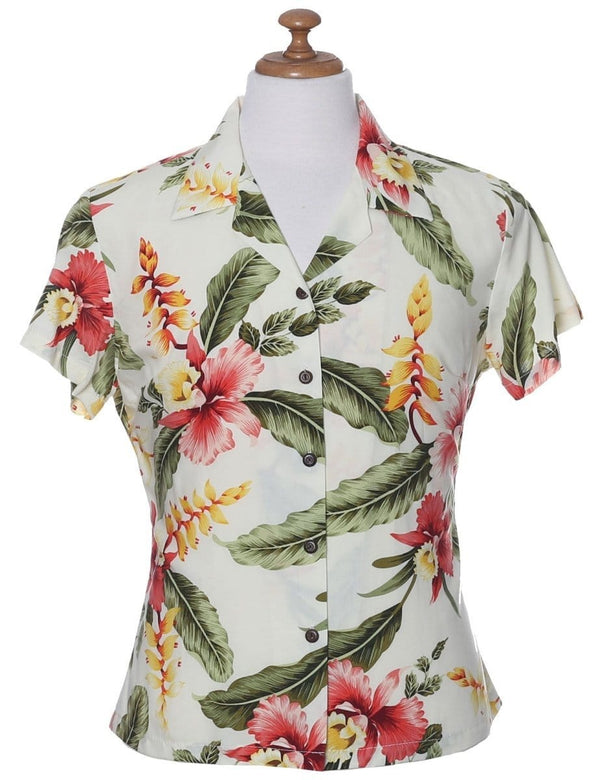 Orchid Pua Women Hawaiian Fitted Shirt Beige