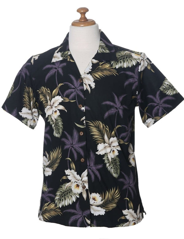 Orchids Makani Camp Hawaiian Shirt for Women Black KY