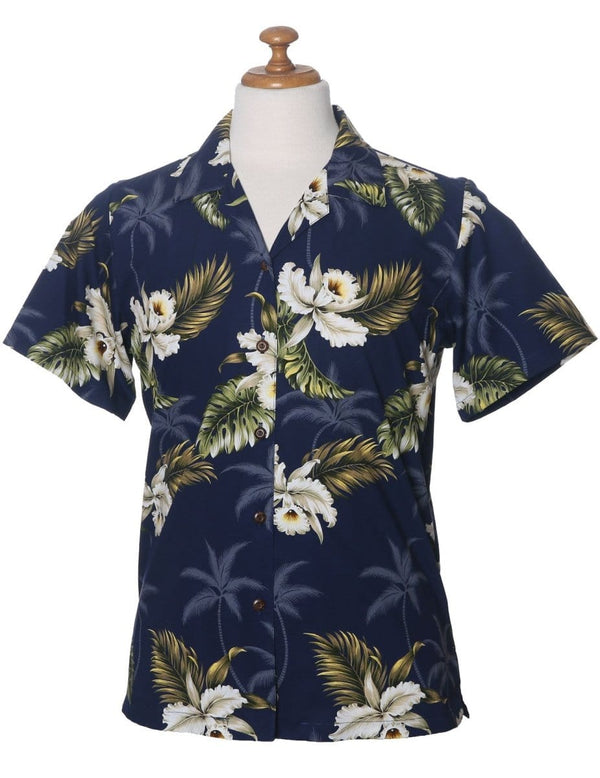 Orchids Makani Camp Hawaiian Shirt for Women Navy KY