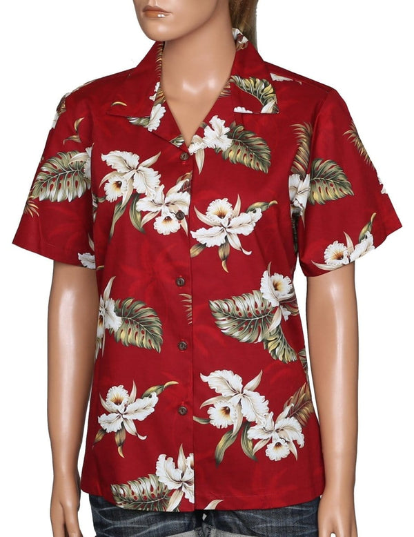 Orchids Makani Camp Hawaiian Shirt for Women Red KY