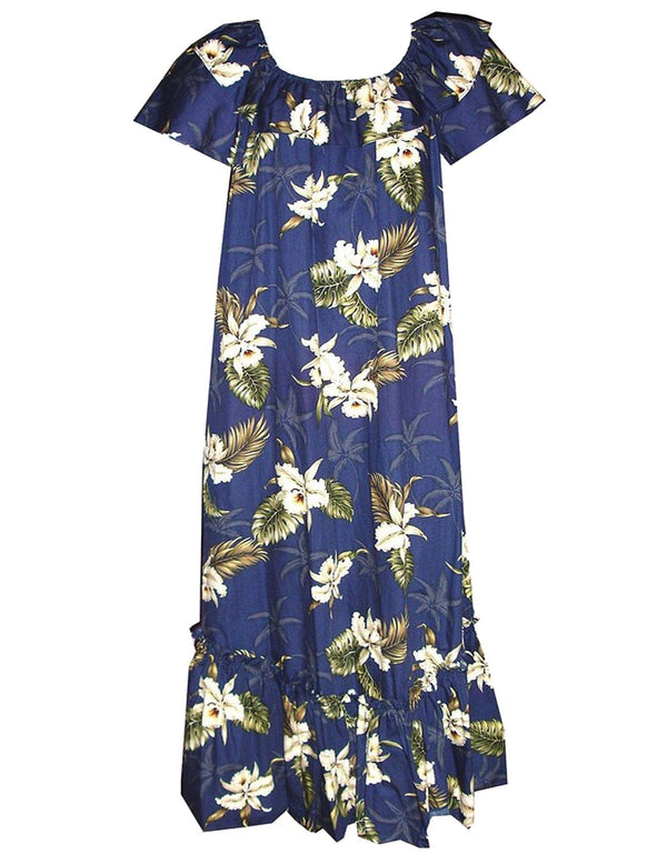 Orchids Makani Muumuu Hawaiian Dress Navy