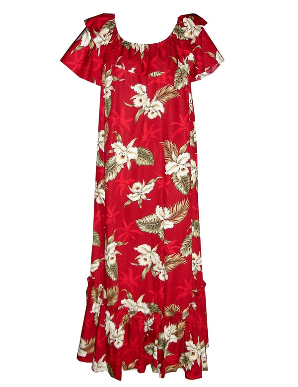 Orchids Makani Muumuu Hawaiian Dress Red