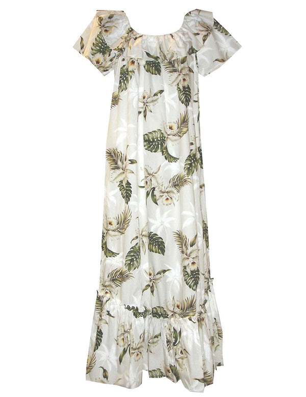 Orchids Makani Muumuu Hawaiian Dress White