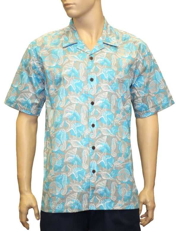 Pacific Sea Life Aloha Cotton Shirt Light Blue 2XL