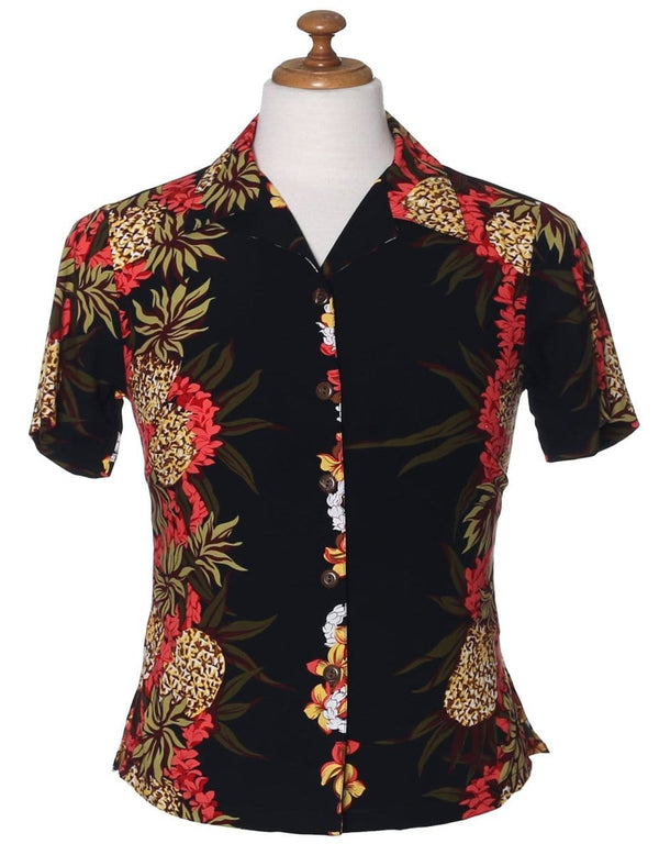 Pineapple Panel Camp Aloha Shirt for Women Black