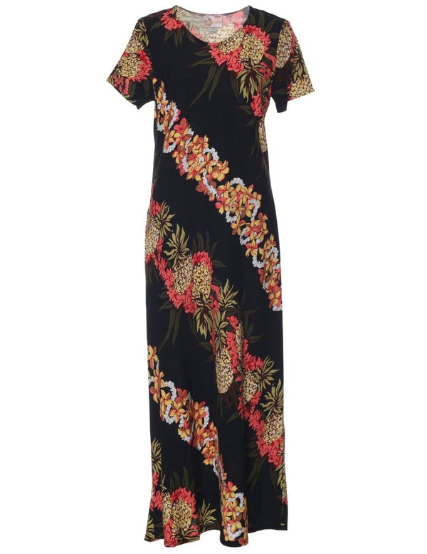 Pineapple Panel Long Maxi Dress with Sleeves Black