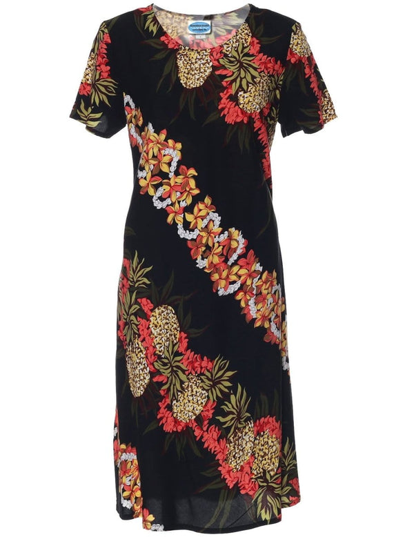 Pineapple Panel Short Rayon Dress with Sleeves Black