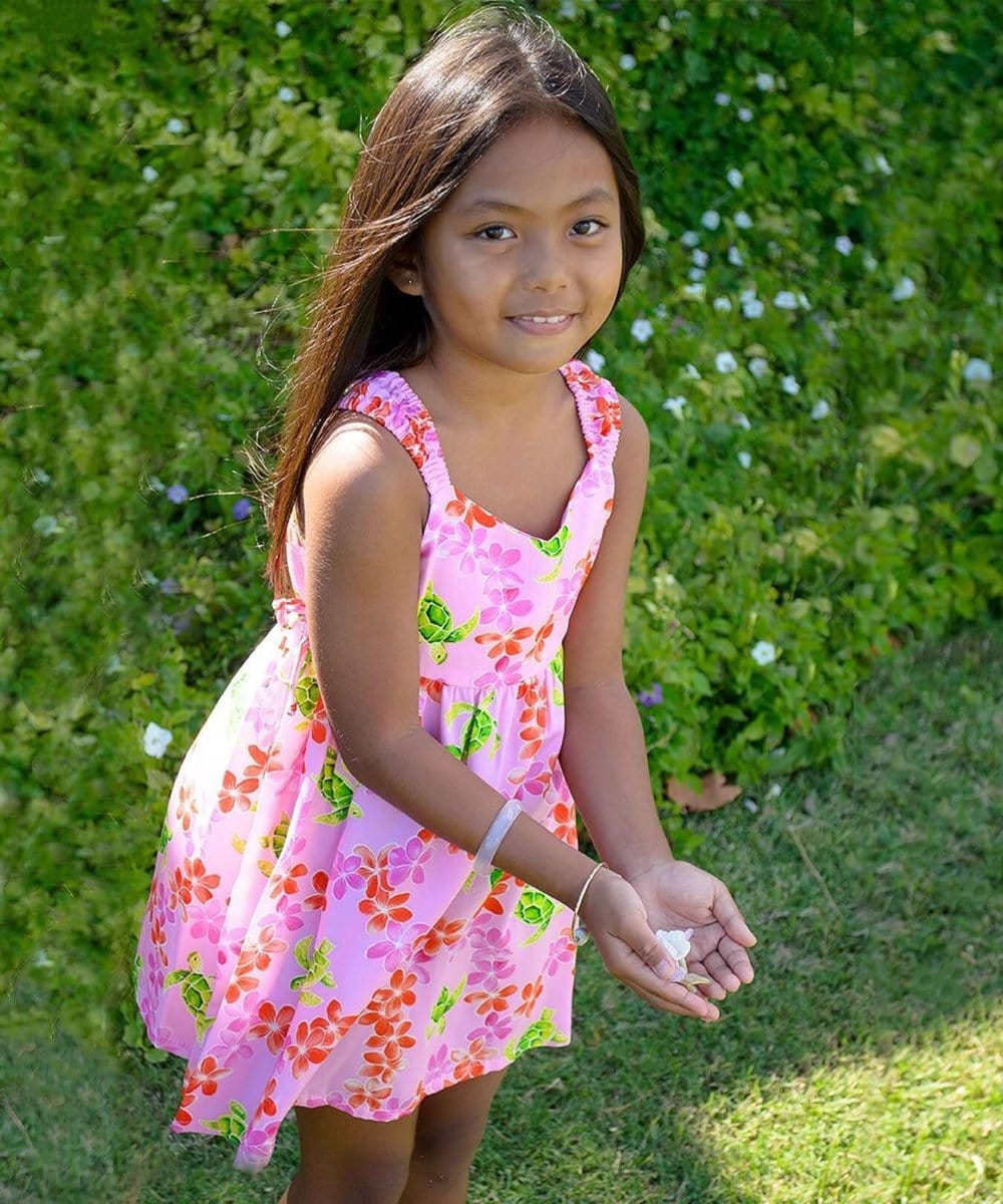 Plumeria Honu Girls Hawaiian Dress with Side Ties Turquoise / 2 Plumeria Honu Girls Hawaiian Dress with Side Ties Turquoise / 2
