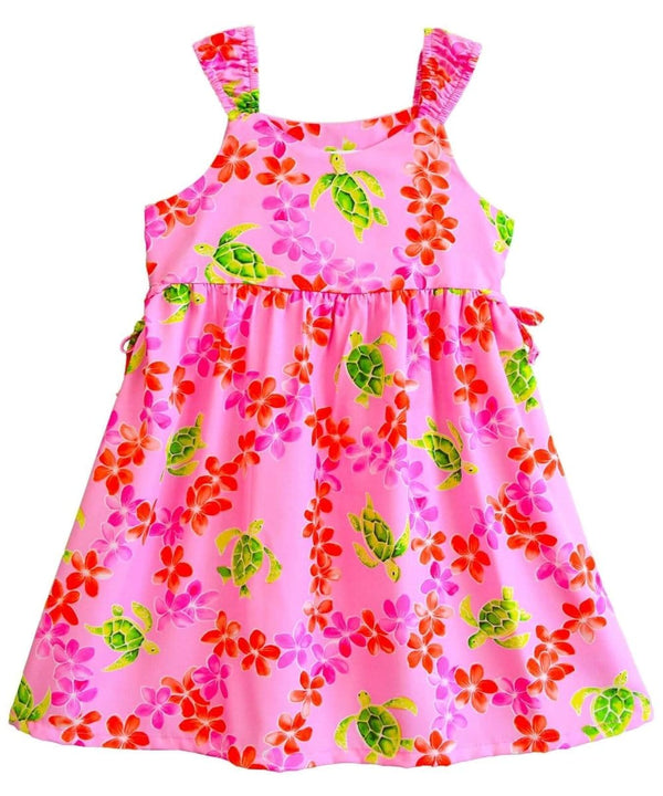 Plumeria Honu Girls Hawaiian Dress with Side Ties Pink RJC