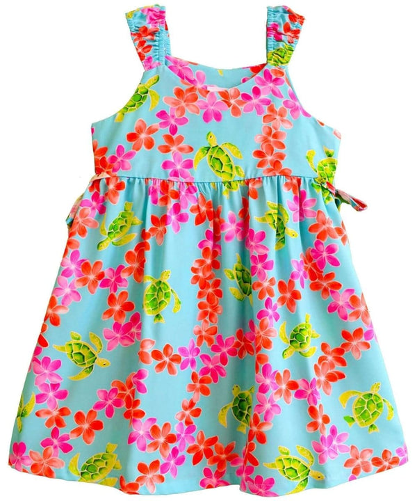 Plumeria Honu Girls Hawaiian Dress with Side Ties Turquoise RJC