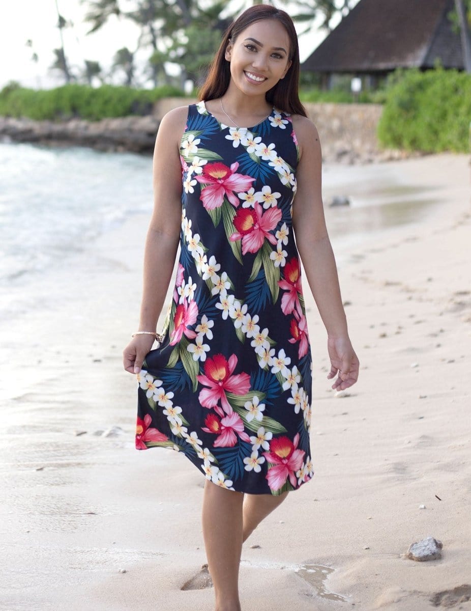 Plumeria Orchid Panel Knee Length Short Dress Navy / L Plumeria Orchid Panel Knee Length Short Dress Navy / L