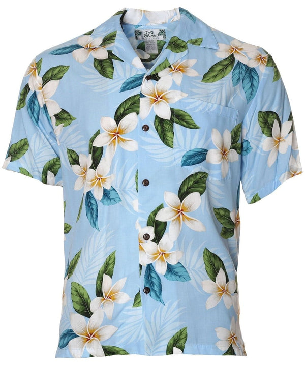 Plumeria Sky Men's Rayon Aloha Shirt Sky Blue Two Palms