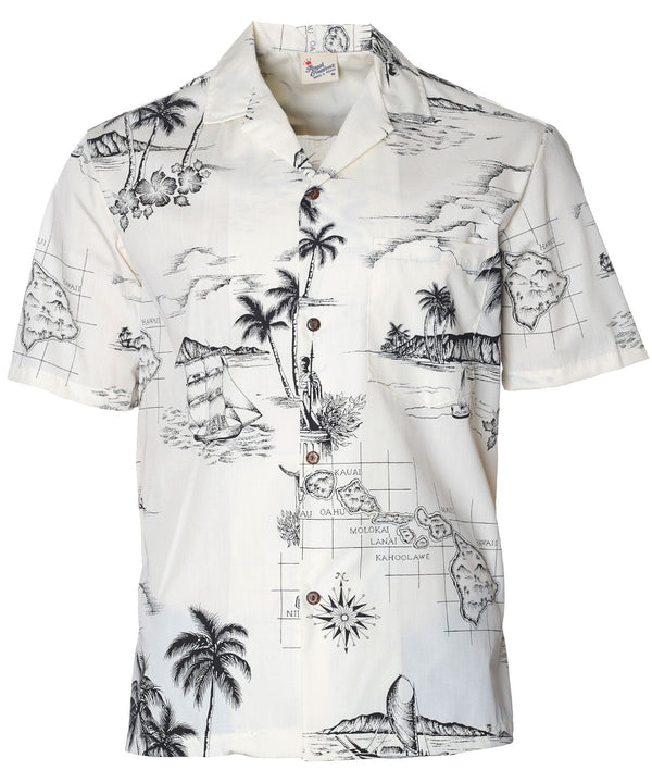Poly Cotton Hawaiian Shirt Discover Hawaii Map Beige