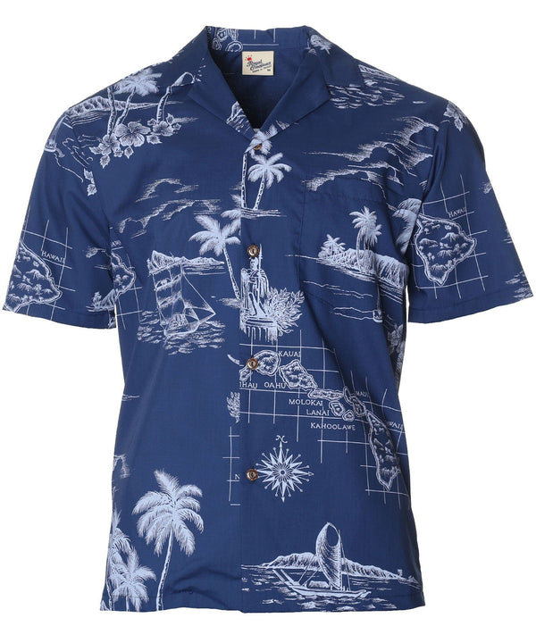 Poly Cotton Hawaiian Shirt Discover Hawaii Map Navy