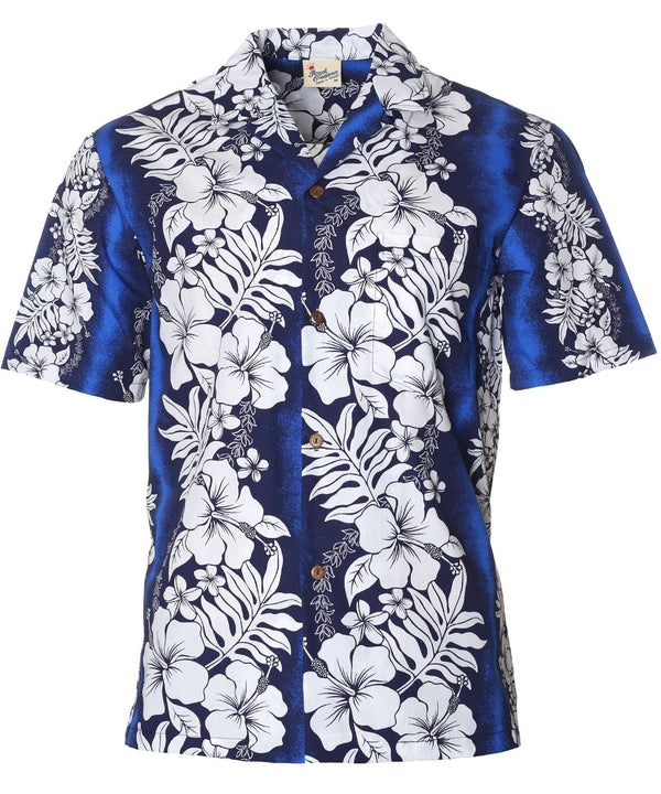 Poly Cotton Hawaiian Shirt Ilima Panel Leis Navy