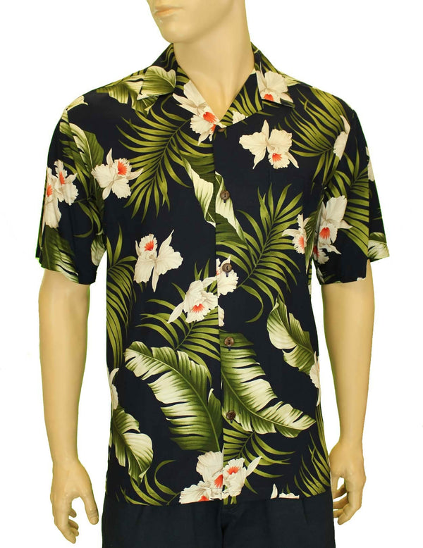 Orchids Creation Resort Rayon Hawaiian Shirt Navy