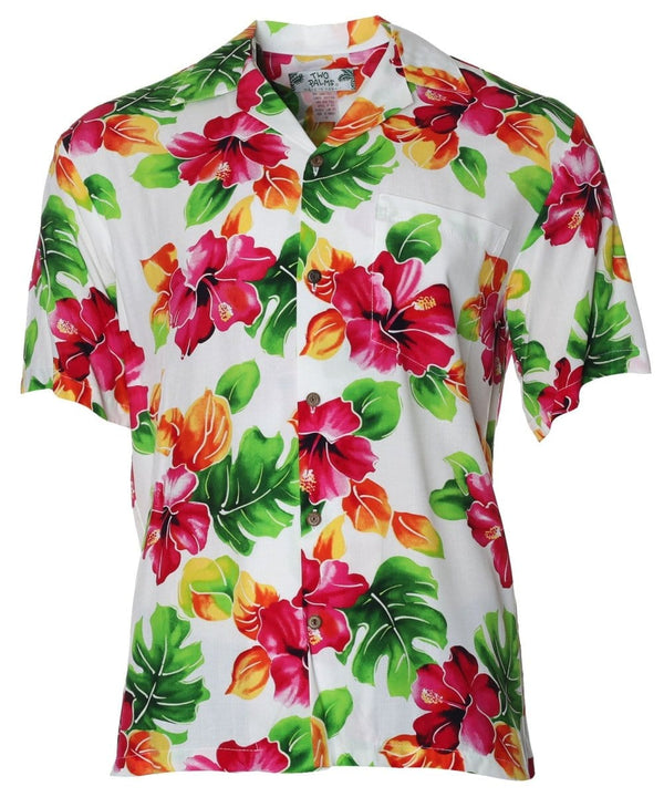 Rayon Aloha Shirt Hibiscus Watercolor White Two Palms