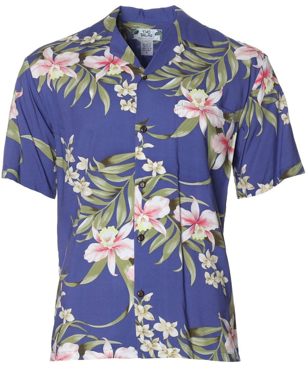 Rayon Aloha Shirt Pali Orchid Navy Two Palms