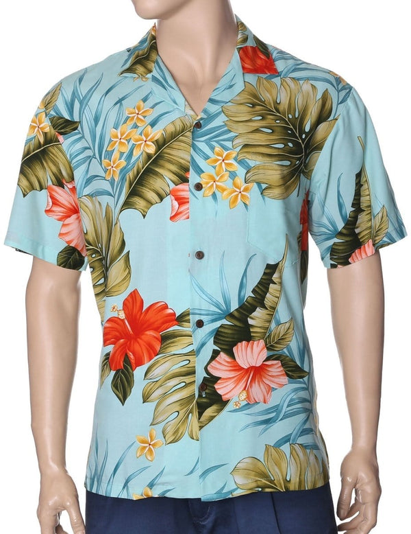 Rayon Hawaiian Shirt Waipio Hibiscus Aqua