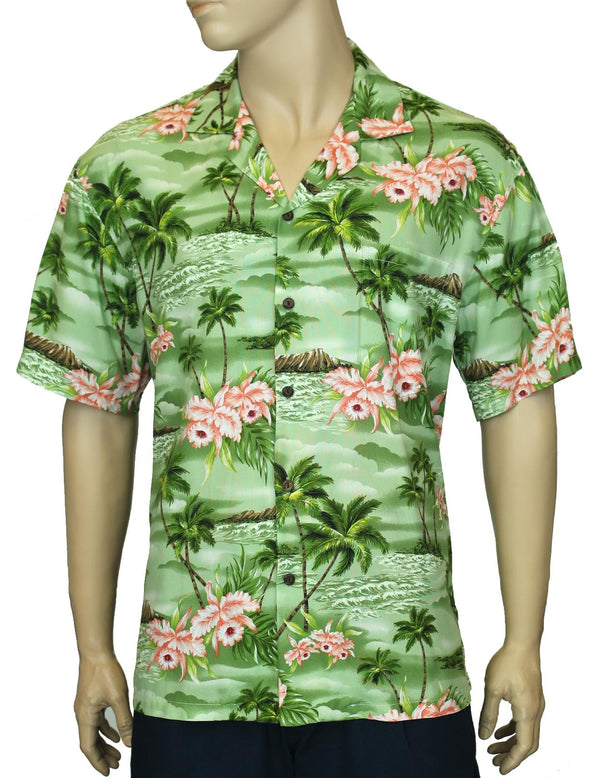 Rayon Aloha Diamond Head Hawaiian Shirt Green KY