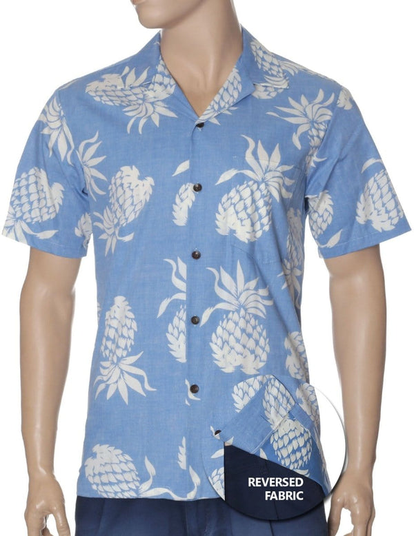 Reverse Fabric Lanai Pineapples Aloha Shirt Sky Blue RJC