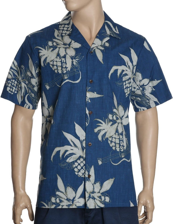 Reverse Fabric Pineapples and Ukuleles Shirt Blue