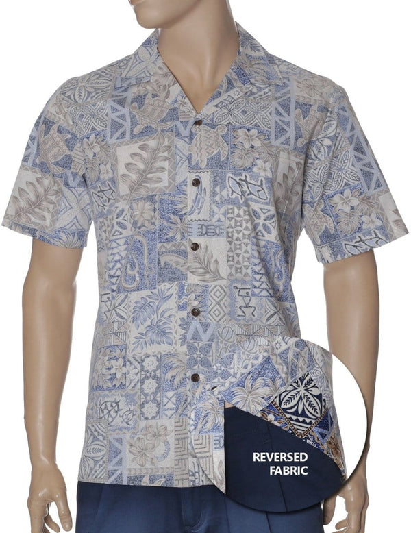 Reverse Fabric Tapa Honu Aloha Shirt Blue