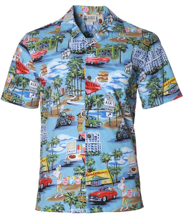 Route 66 to the Beach Aloha Shirt Light Blue