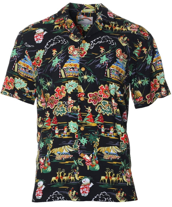 Santa Surf Shack Christmas Aloha Shirt Black
