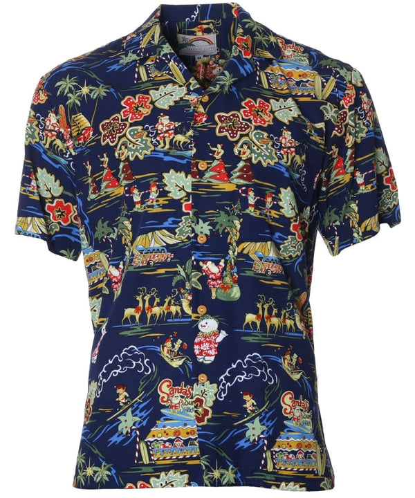 Santa Surf Shack Christmas Aloha Shirt Navy