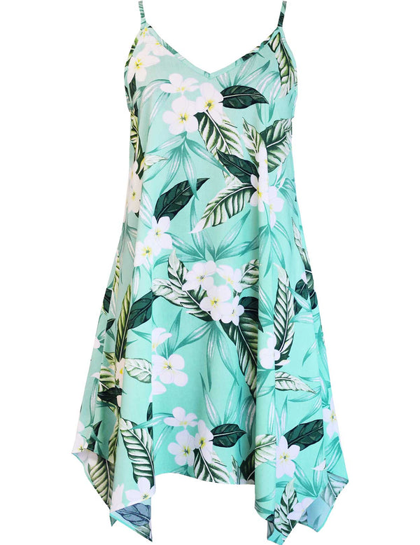 Hawaiian Short Dress Plumeria Maile with Scarf Hem Sage