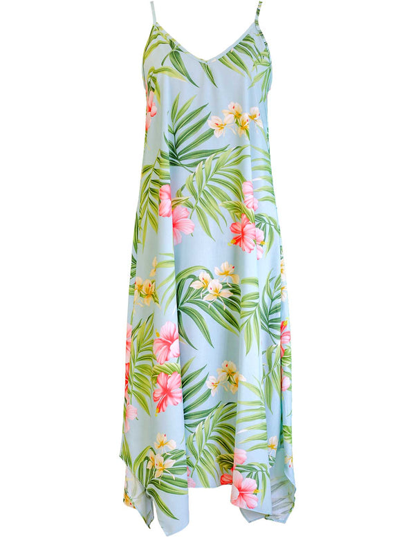 Maxi Long Hawaiian Dress Nalani with Scarf Hem Aqua