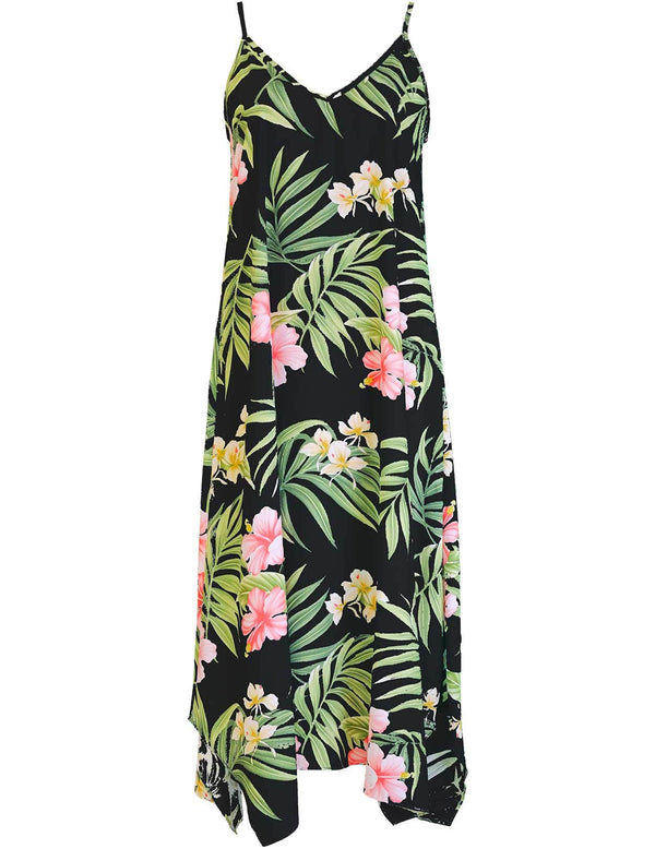 Maxi Long Hawaiian Dress Nalani with Scarf Hem Black