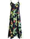 Maxi Long Hawaiian Dress Birds of Paradise with Scarf Hem Black