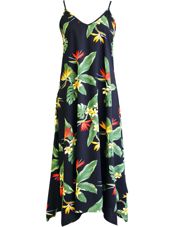 Maxi Long Hawaiian Dress Birds of Paradise with Scarf Hem Black
