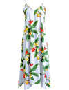 Maxi Long Hawaiian Dress Birds of Paradise with Scarf Hem White